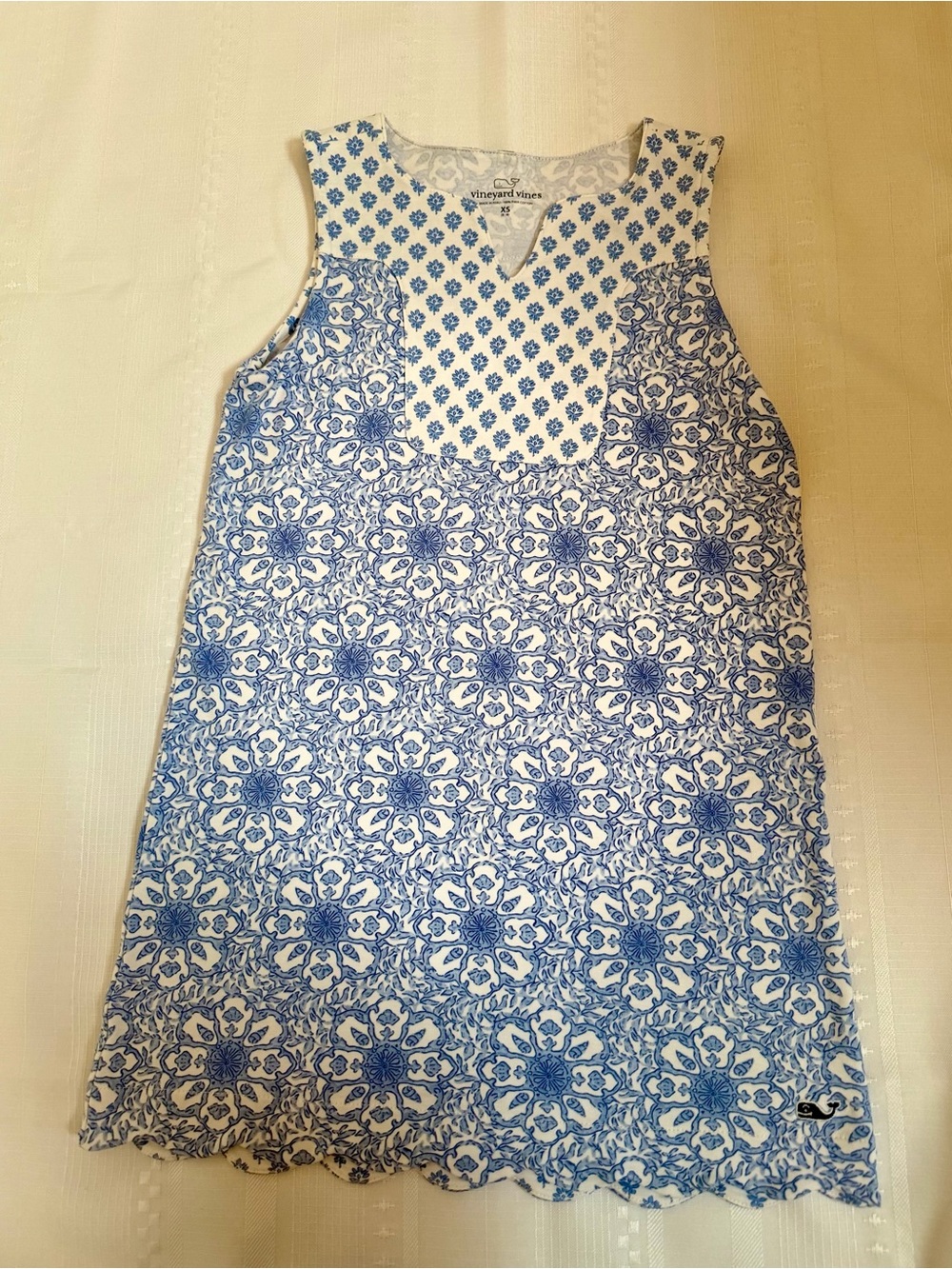 Vineyard Vines Girls White and Blue Printed Sleeveless Dress - Cotton